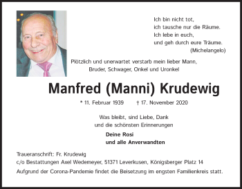 Anzeige von Manfred Krudewig von Kölner Stadt-Anzeiger / Kölnische Rundschau / Express