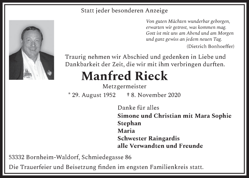  Traueranzeige für Manfred Rieck vom 13.11.2020 aus  Schaufenster/Blickpunkt  Schlossbote/Werbekurier 