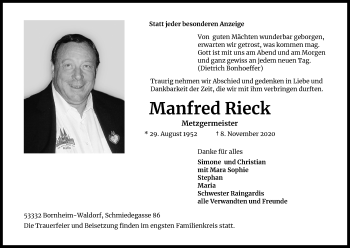Anzeige von Manfred Rieck von Kölner Stadt-Anzeiger / Kölnische Rundschau / Express