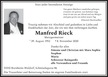 Anzeige von Manfred Rieck von  Schaufenster/Blickpunkt  Schlossbote/Werbekurier 