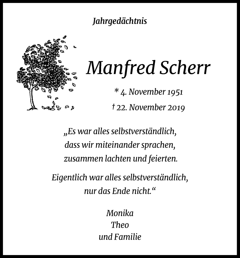  Traueranzeige für Manfred Scherr vom 21.11.2020 aus Kölner Stadt-Anzeiger / Kölnische Rundschau / Express