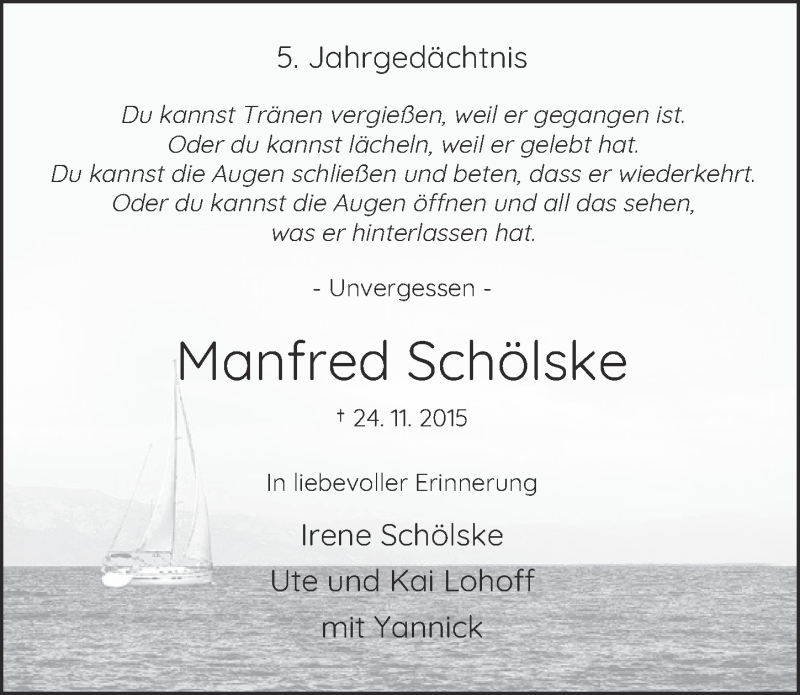  Traueranzeige für Manfred Schölske vom 20.11.2020 aus  Kölner Wochenspiegel 