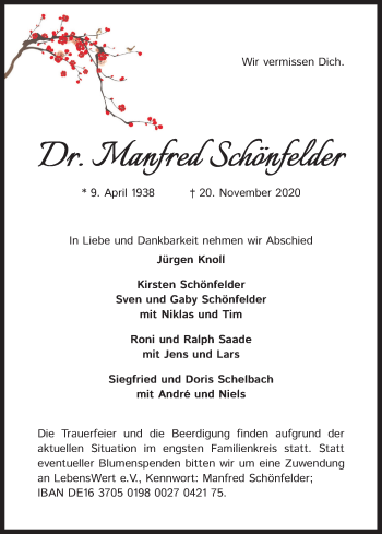 Anzeige von Manfred Schönfelder von Kölner Stadt-Anzeiger / Kölnische Rundschau / Express