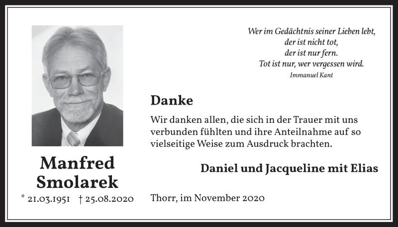  Traueranzeige für Manfred Smolarek vom 27.11.2020 aus  Werbepost 