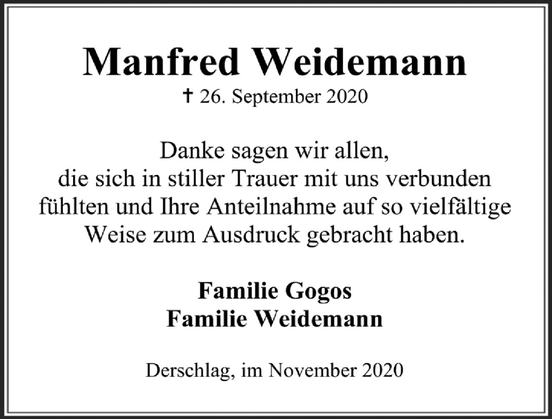  Traueranzeige für Manfred Weidemann vom 06.11.2020 aus  Anzeigen Echo 