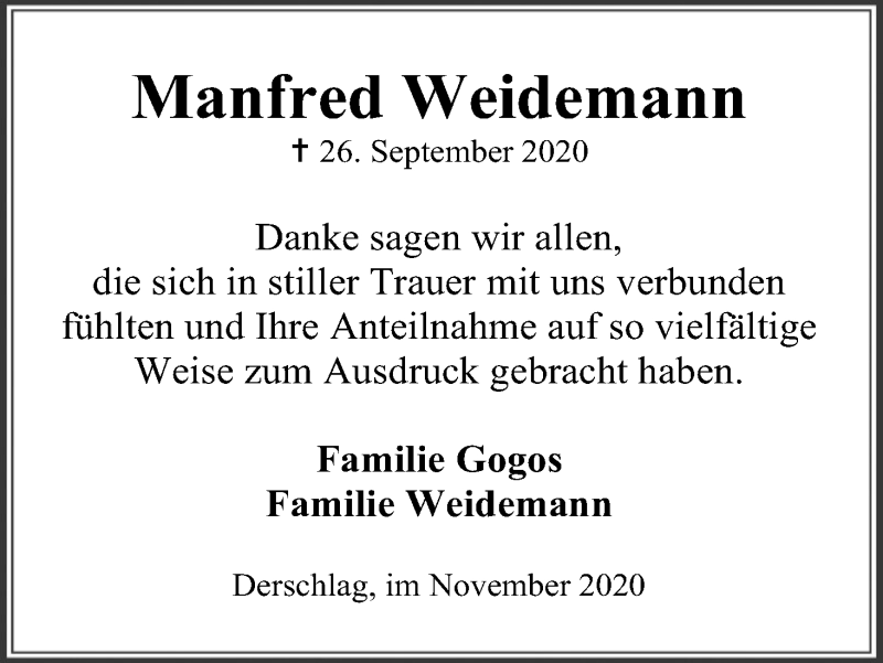  Traueranzeige für Manfred Weidemann vom 07.11.2020 aus Kölner Stadt-Anzeiger / Kölnische Rundschau / Express