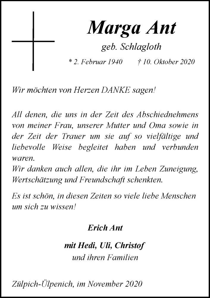  Traueranzeige für Marga Ant vom 28.11.2020 aus  Blickpunkt Euskirchen 