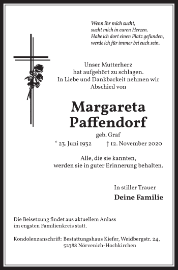 Anzeige von Margareta Paffendorf von  Werbepost 