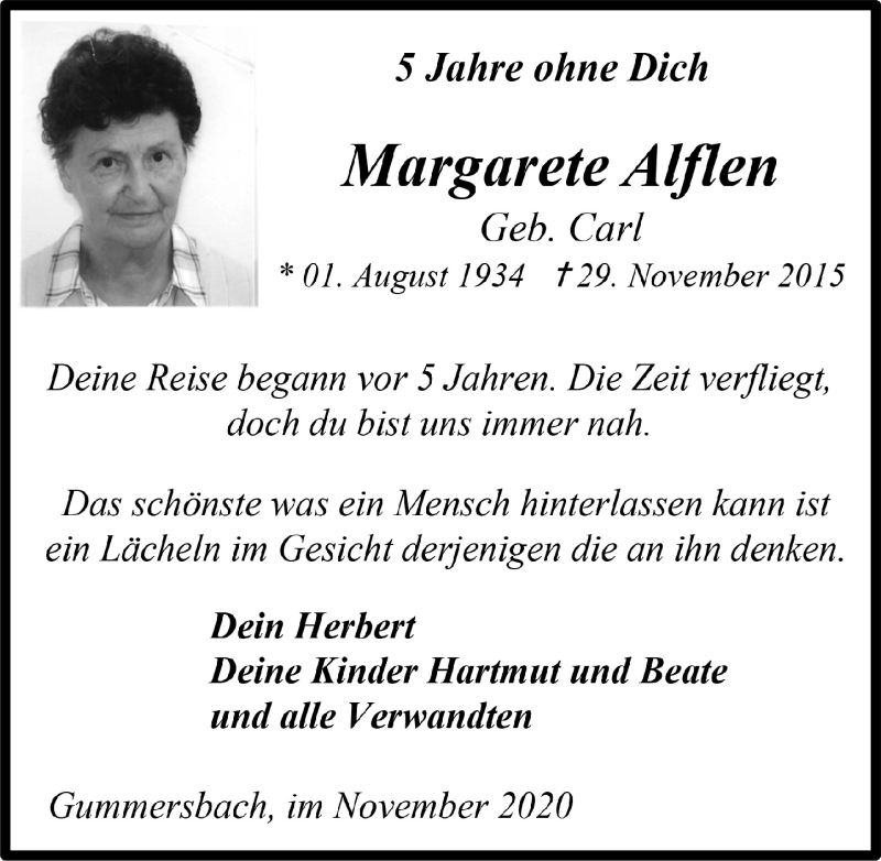  Traueranzeige für Margarete Alflen vom 27.11.2020 aus  Anzeigen Echo 