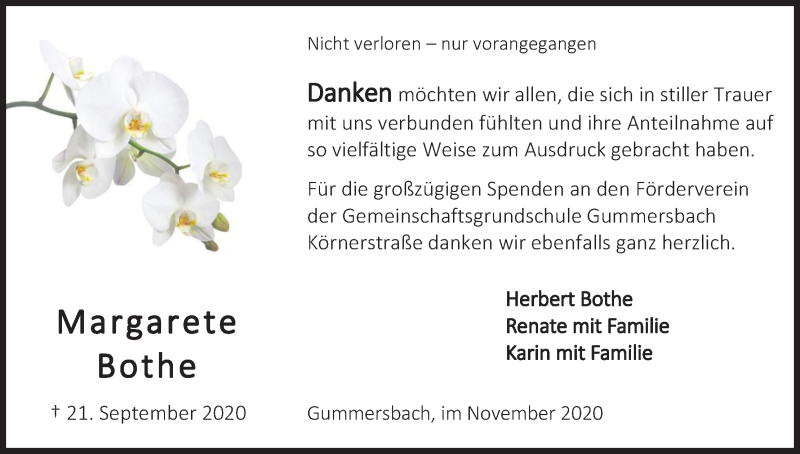  Traueranzeige für Margarete Bothe vom 21.11.2020 aus Kölner Stadt-Anzeiger / Kölnische Rundschau / Express