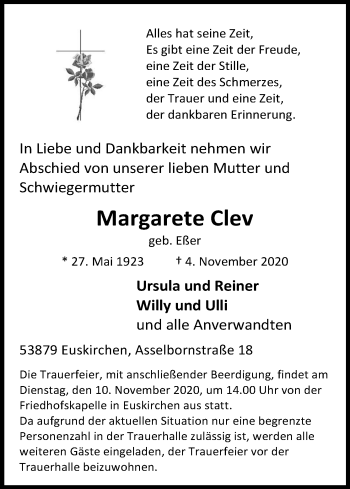 Anzeige von Margarete Clev von Kölner Stadt-Anzeiger / Kölnische Rundschau / Express