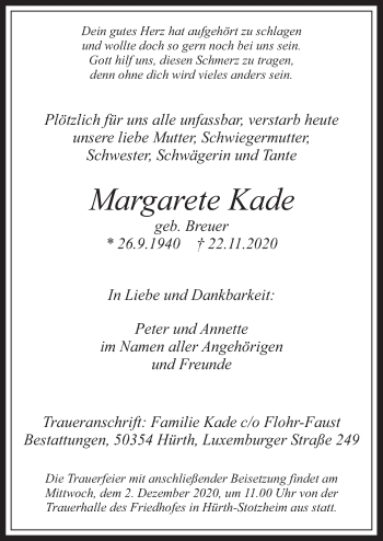 Anzeige von Margarete Kade von  Wochenende 