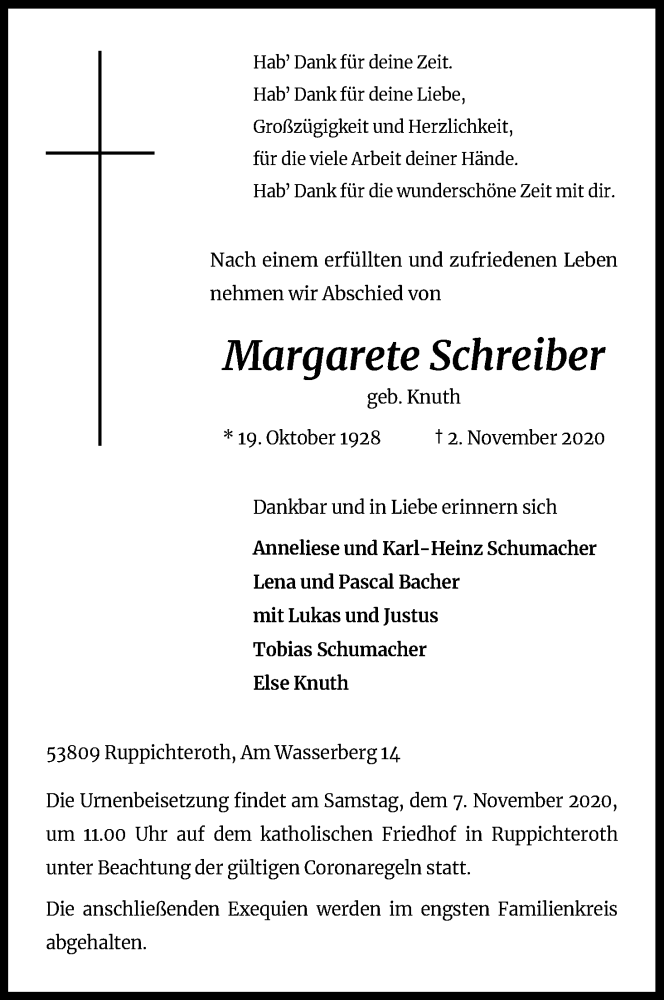  Traueranzeige für Margarete Schreiber vom 04.11.2020 aus Kölner Stadt-Anzeiger / Kölnische Rundschau / Express