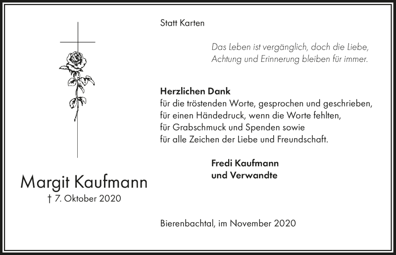  Traueranzeige für Margit Kaufmann vom 20.11.2020 aus  Lokalanzeiger 
