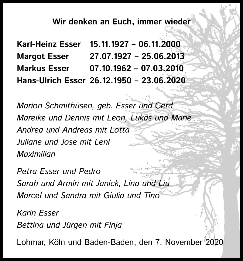  Traueranzeige für Margot Esser vom 07.11.2020 aus Kölner Stadt-Anzeiger / Kölnische Rundschau / Express