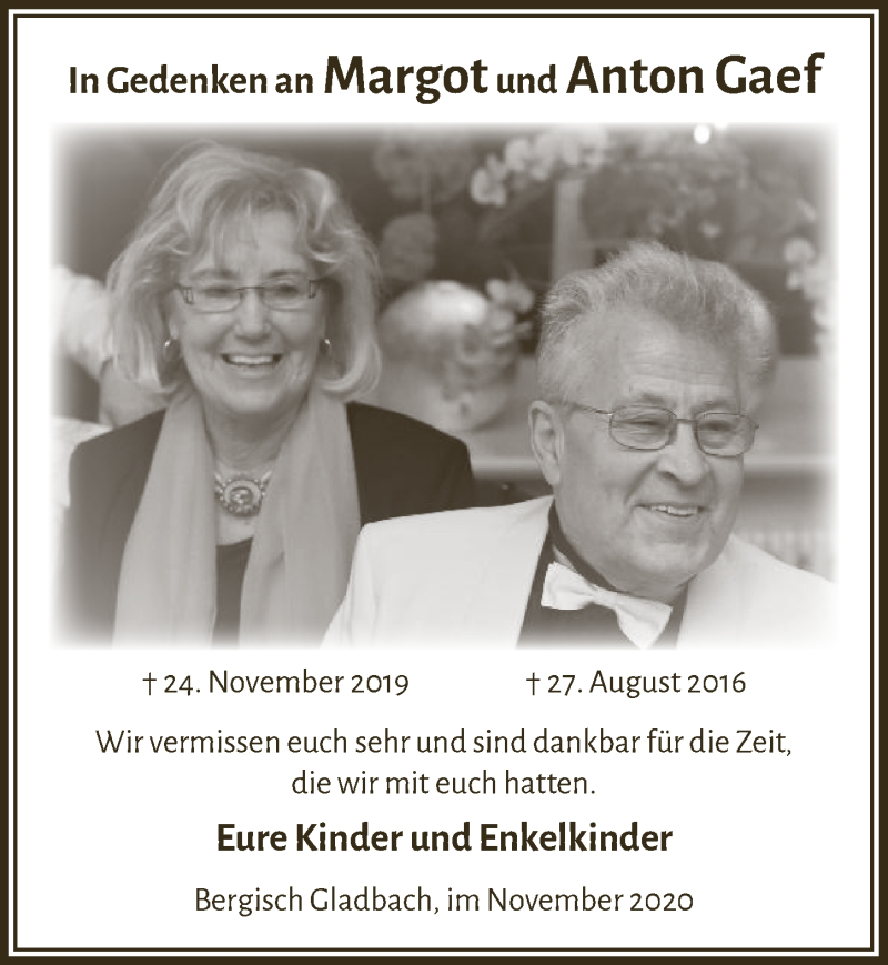  Traueranzeige für Margot Gaef vom 20.11.2020 aus  Bergisches Handelsblatt 