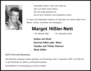 Anzeige von Margot Hißler-Nett von Kölner Stadt-Anzeiger / Kölnische Rundschau / Express