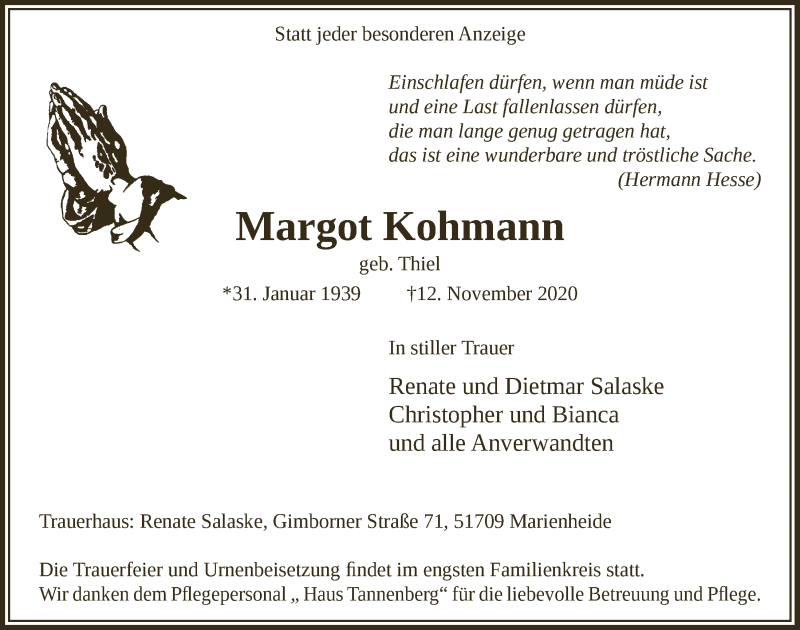  Traueranzeige für Margot Kohmann vom 20.11.2020 aus  Anzeigen Echo 