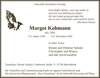 Anzeige von Margot Kohmann von  Anzeigen Echo 