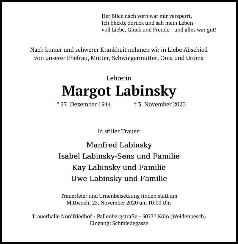  Traueranzeige für Margot Labinsky vom 14.11.2020 aus Kölner Stadt-Anzeiger / Kölnische Rundschau / Express