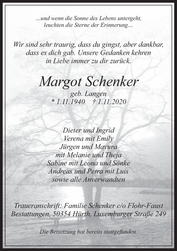  Traueranzeige für Margot Schenker vom 06.11.2020 aus  Wochenende 