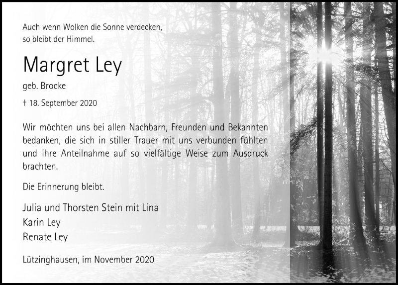  Traueranzeige für Margret Ley vom 13.11.2020 aus  Anzeigen Echo 