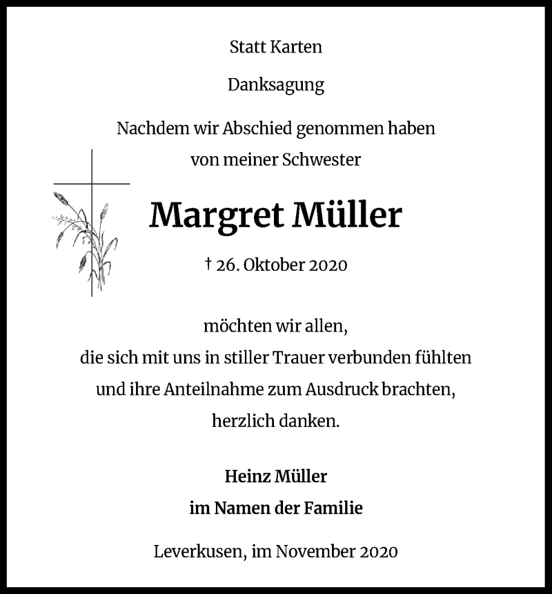  Traueranzeige für Margret Müller vom 28.11.2020 aus Kölner Stadt-Anzeiger / Kölnische Rundschau / Express