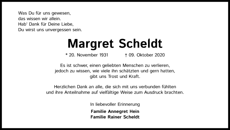  Traueranzeige für Margret Scheldt vom 20.11.2020 aus Kölner Stadt-Anzeiger / Kölnische Rundschau / Express