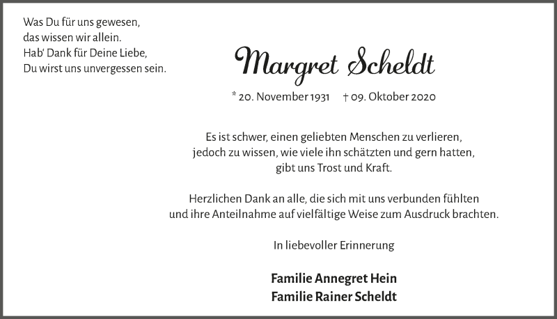  Traueranzeige für Margret Scheldt vom 20.11.2020 aus  Anzeigen Echo 