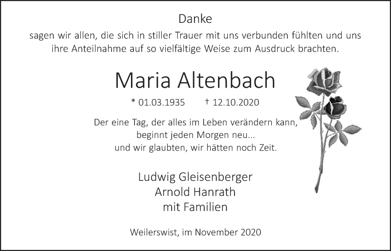  Traueranzeige für Maria Altenbach vom 07.11.2020 aus  Blickpunkt Euskirchen 