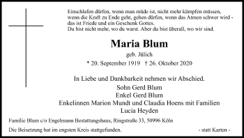 Anzeige von Maria Blum von Kölner Stadt-Anzeiger / Kölnische Rundschau / Express