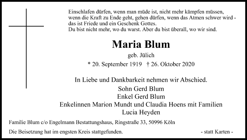  Traueranzeige für Maria Blum vom 07.11.2020 aus Kölner Stadt-Anzeiger / Kölnische Rundschau / Express