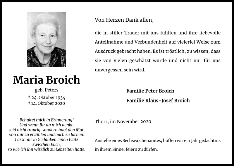  Traueranzeige für Maria Broich vom 25.11.2020 aus Kölner Stadt-Anzeiger / Kölnische Rundschau / Express
