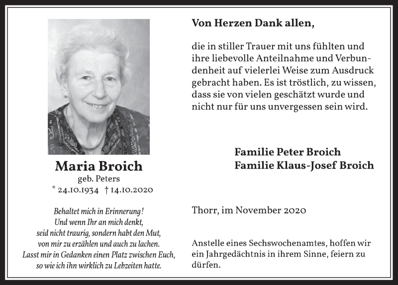  Traueranzeige für Maria Broich vom 27.11.2020 aus  Werbepost 