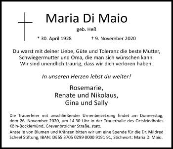 Anzeige von Maria Di Maio von Kölner Stadt-Anzeiger / Kölnische Rundschau / Express