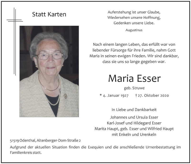  Traueranzeige für Maria Esser vom 06.11.2020 aus  Bergisches Handelsblatt 