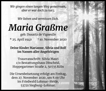 Anzeige von Maria Graßme von Kölner Stadt-Anzeiger / Kölnische Rundschau / Express