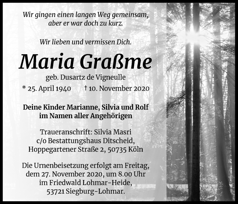 Traueranzeige für Maria Graßme vom 14.11.2020 aus Kölner Stadt-Anzeiger / Kölnische Rundschau / Express
