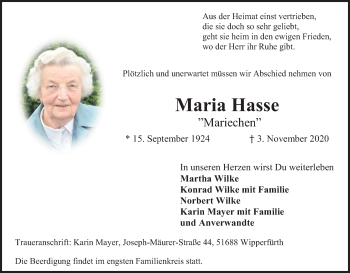 Anzeige von Maria Hasse von Kölner Stadt-Anzeiger / Kölnische Rundschau / Express