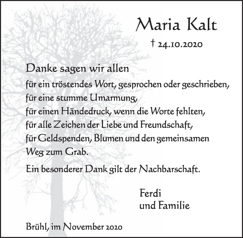  Traueranzeige für Maria Kalt vom 20.11.2020 aus  Schlossbote/Werbekurier 