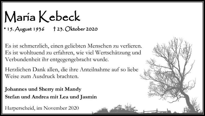  Traueranzeige für Maria Kebeck vom 21.11.2020 aus Kölner Stadt-Anzeiger / Kölnische Rundschau / Express