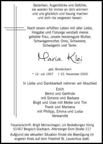 Anzeige von Maria Klei von Kölner Stadt-Anzeiger / Kölnische Rundschau / Express