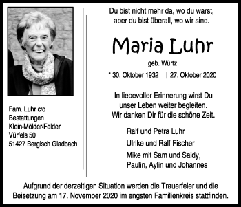Anzeige von Maria Luhr von Kölner Stadt-Anzeiger / Kölnische Rundschau / Express