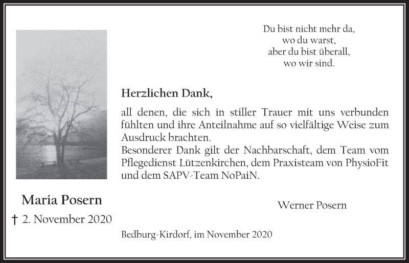  Traueranzeige für Maria Posern vom 27.11.2020 aus  Werbepost 