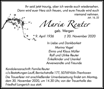 Anzeige von Maria Reuter von Kölner Stadt-Anzeiger / Kölnische Rundschau / Express
