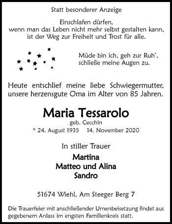 Anzeige von Maria Tessarolo von  Anzeigen Echo 