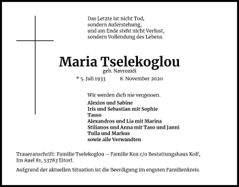 Anzeige von Maria Tselekoglou von Kölner Stadt-Anzeiger / Kölnische Rundschau / Express