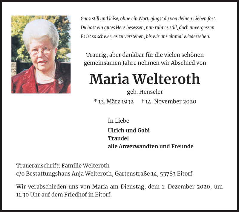  Traueranzeige für Maria Welteroth vom 28.11.2020 aus Kölner Stadt-Anzeiger / Kölnische Rundschau / Express