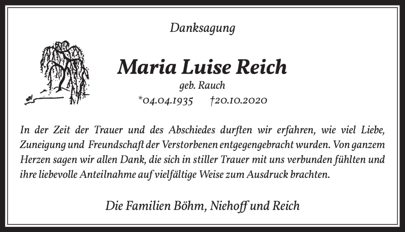  Traueranzeige für Maria Luise Reich vom 20.11.2020 aus  Wochenende 