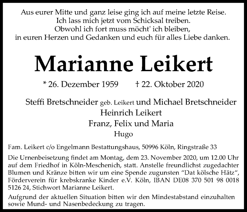  Traueranzeige für Marianne Leikert vom 14.11.2020 aus Kölner Stadt-Anzeiger / Kölnische Rundschau / Express